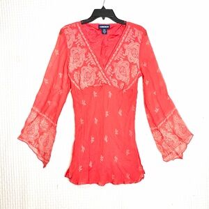 Forenza Y2K Women’s 100% Silk Top Size 10  V-Neck Flare Sheer Sleeve Babydoll